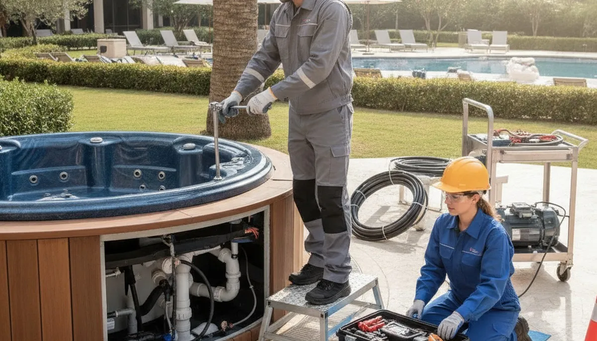 Fort Collins, CO plumber repairing a spa to restore proper heating and circulation